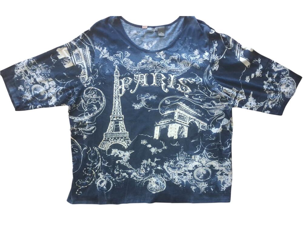 Liz & Me Womens "Paris" T-shirt Blue 3/4 Sleeves Round Neck Sequins Size 2XL
